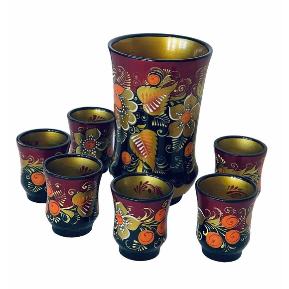 VTG Khokhloma Russian Handpainted Wooden Lacquer Set Pitcher & 6 Cups Signed EUC - Picture 1 of 14